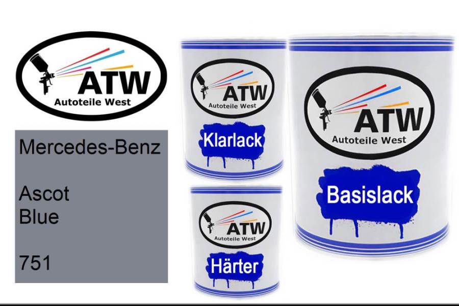 Mercedes-Benz, Ascot Blue, 751: 1L Lackdose + 1L Klarlack + 500ml Härter - Set, von ATW Autoteile West.